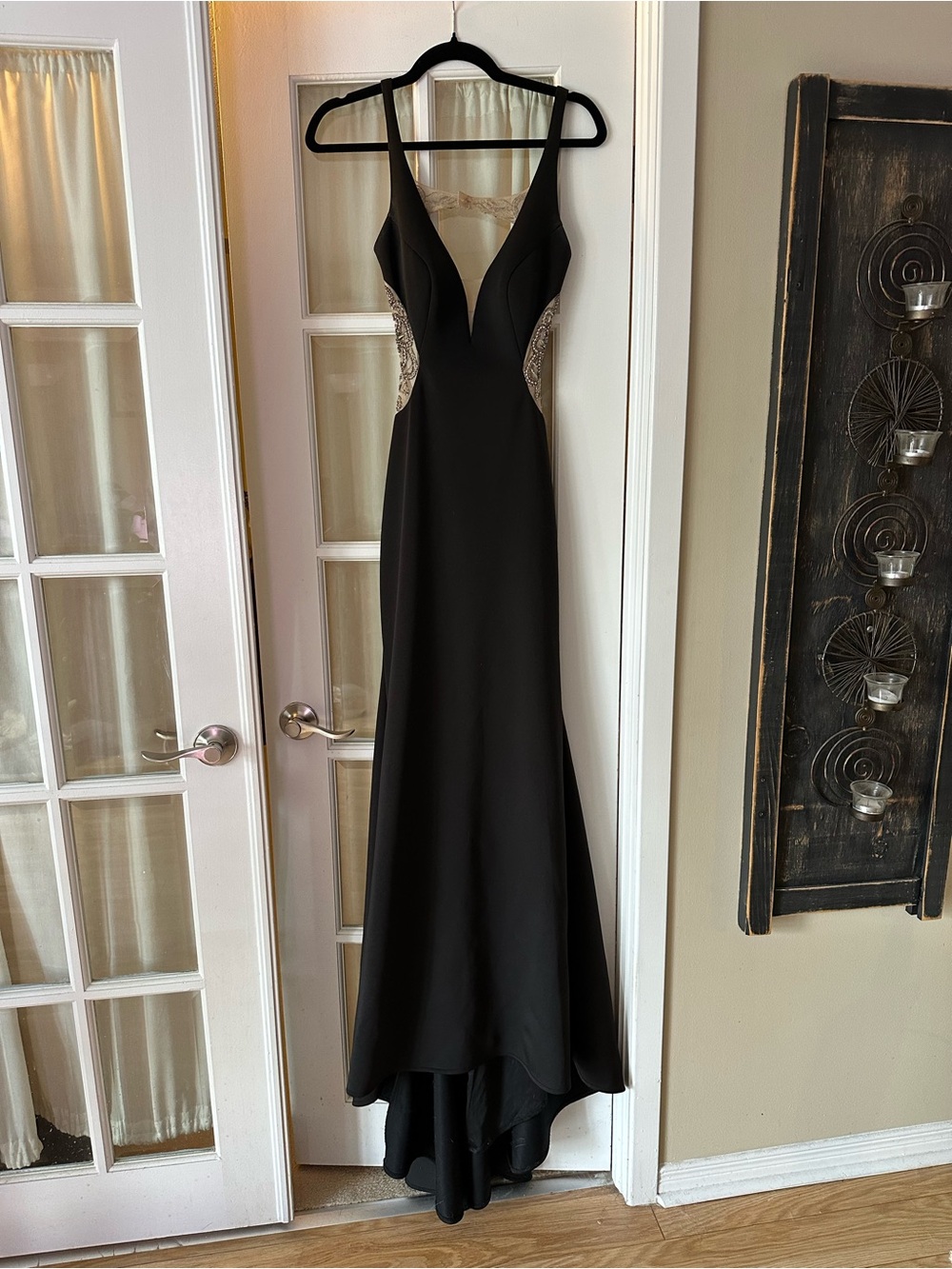 Betsy & Adam Black Backless Evening Gown with Lace Side Insets